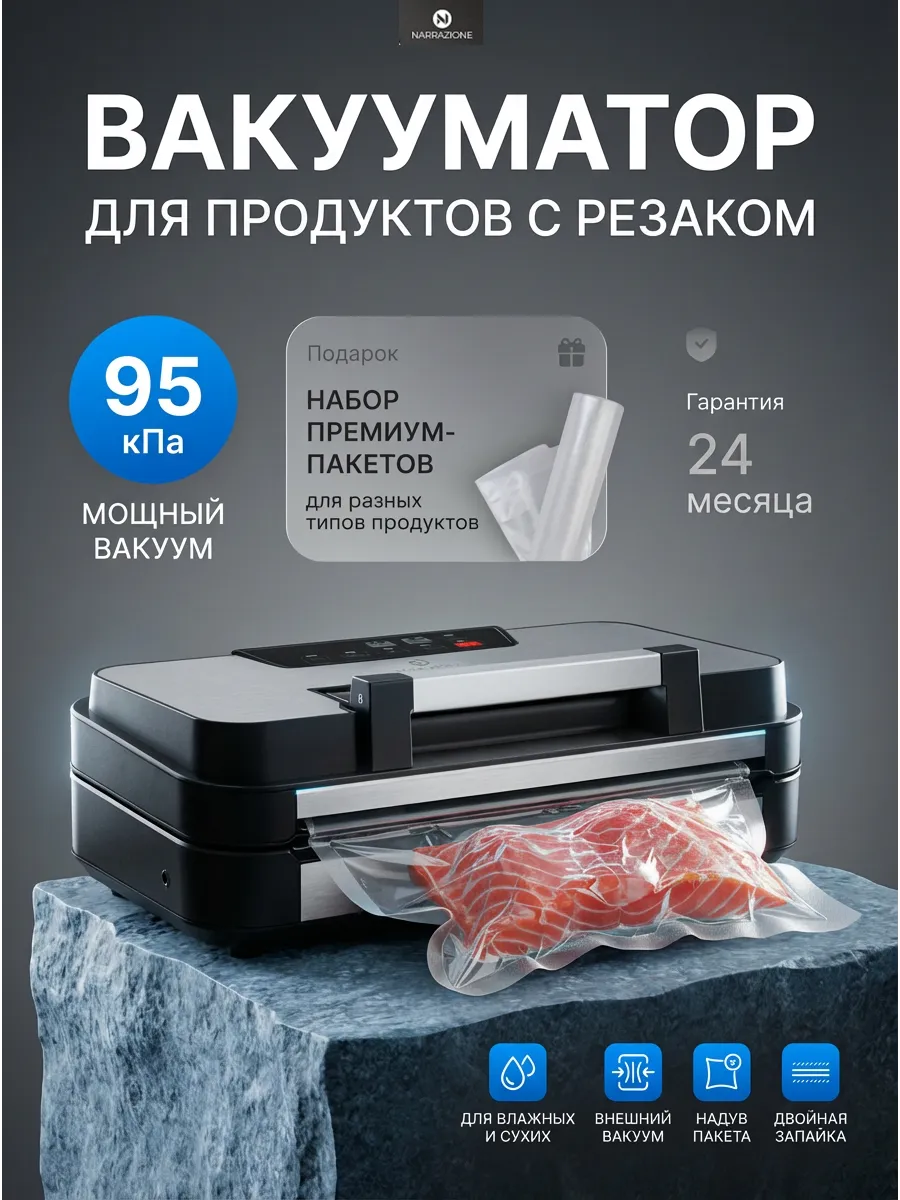 Вакууматор для продуктов с резаком рулоном и надувом пакетов