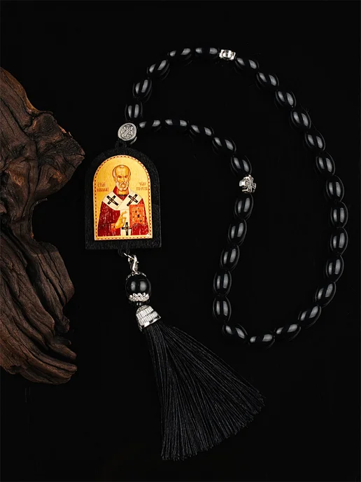 NEW COLLECTION №1 Четки бусы с иконой православные в машину освящена Николай, черный, фото 2