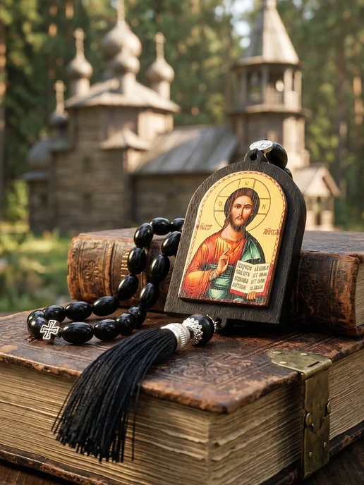 NEW COLLECTION №1 Четки бусы с иконой православные в машину освящена Иисус, черный