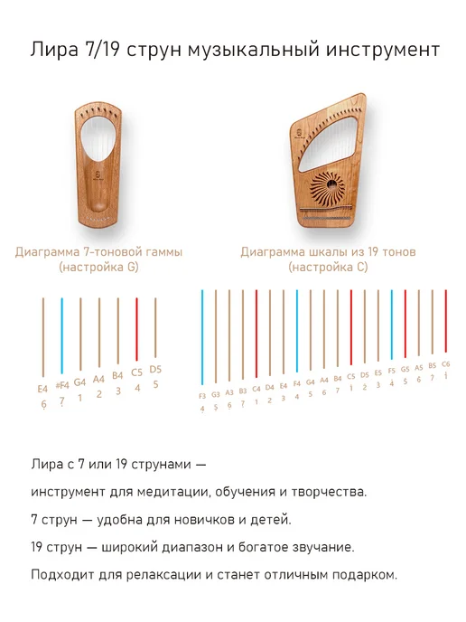 19-струнная деревянная лира, арфа, коричневый, фото 3