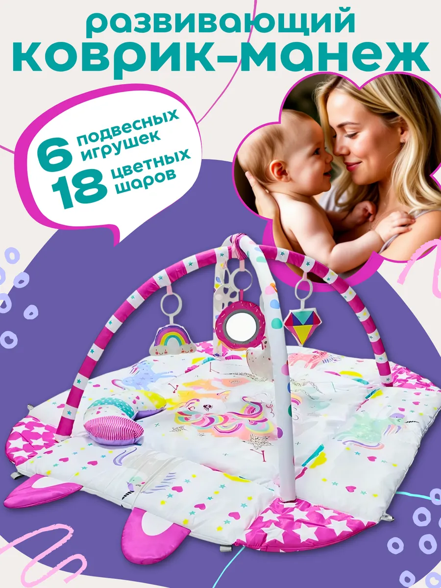 Развивающий игровой коврик-манеж для малышей Единорожка