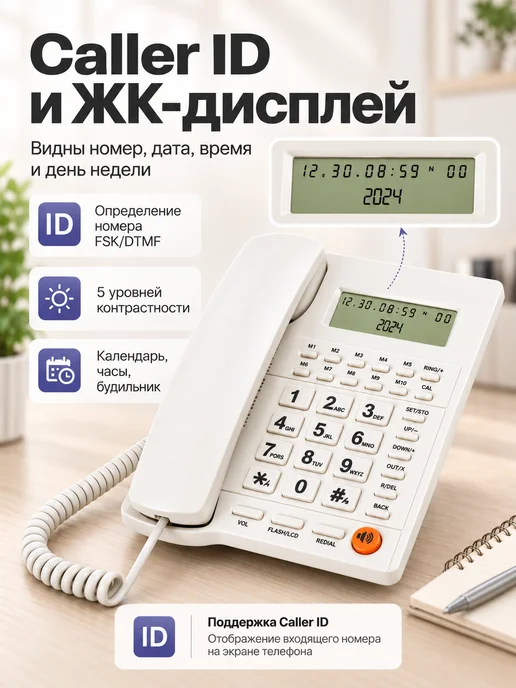 Проводной телефон с Caller ID и ЖК-дисплеем, белый, фото 2