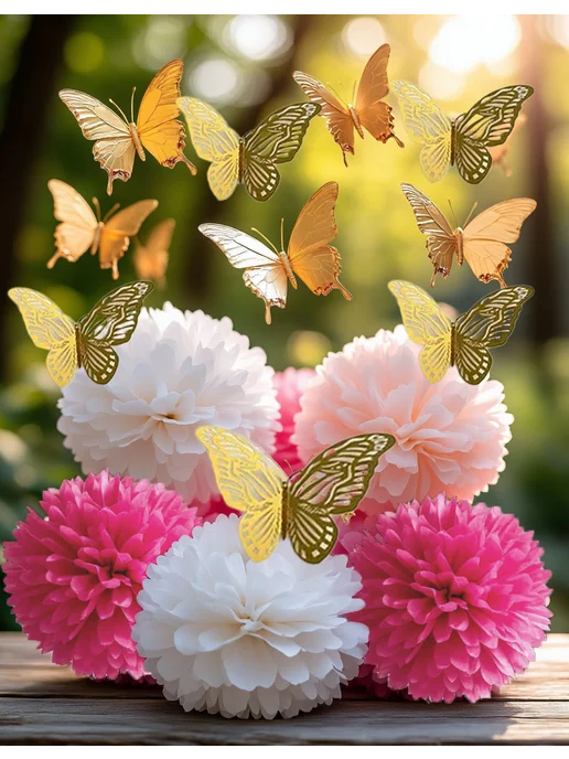 Happy poms Бумажные помпоны для праздника 35-25см наклейки бабочки 18шт, 18 шт, фото 2