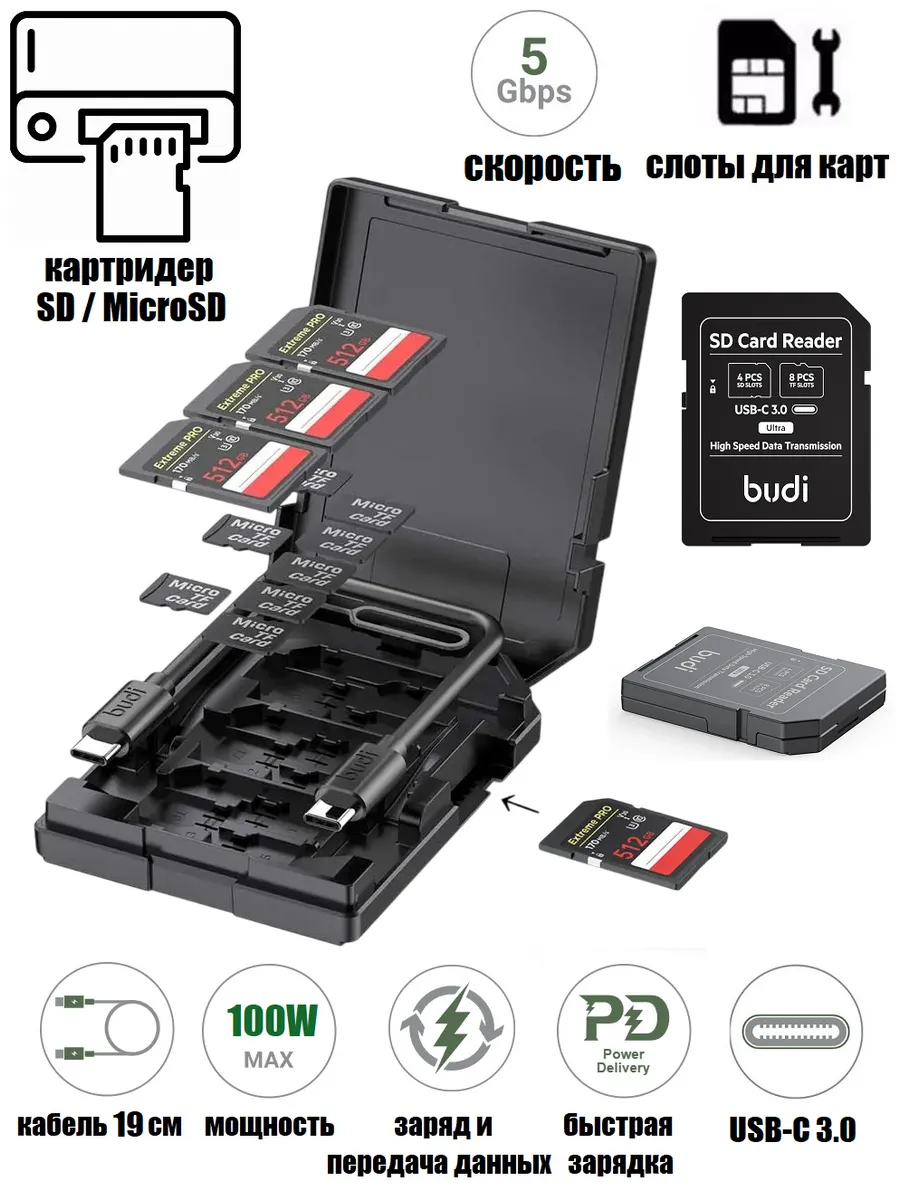 Картридер с кабелем USB-C 3.0 органайзер SD TF карт