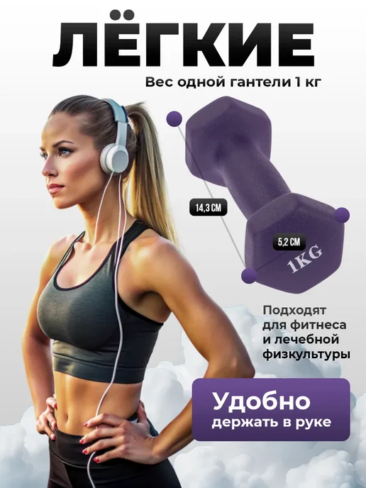 Гантели для спорта и фитнеса неопреновыe 1 кг, 1 кг, фото 2