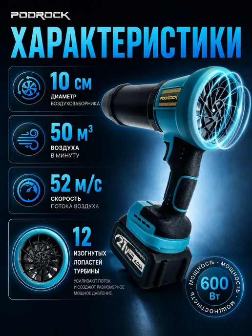 Podrock Безщеточная воздуходувка для авто и мангала голубая, голубой, фото 3