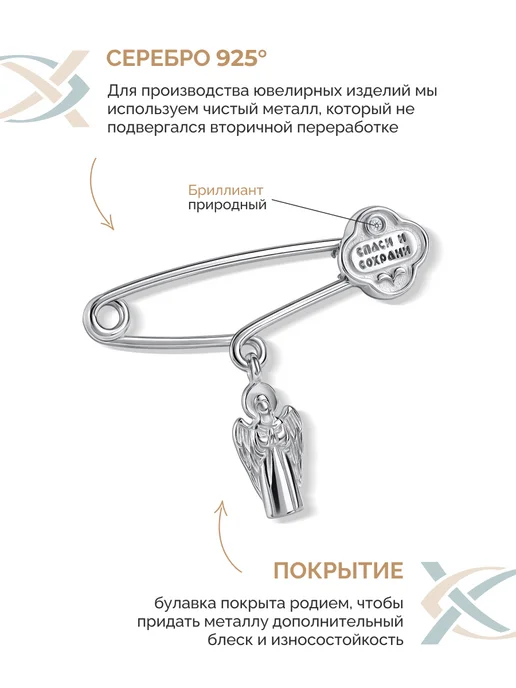 МИРЯНИН Брошь серебро 925 c бриллиантом Ангел-Хранитель, серебристый, фото 6