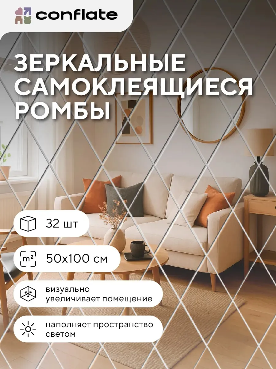 Зеркальные интерьерные наклейки на стену 32 шт. 50*100 см