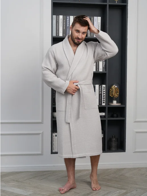 VIEN Халат мужской вафельный хлопок домашний HOTEL WAFFLE COTTON, бежевый, фото 3