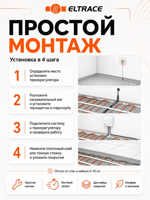 Eltrace Тёплый пол электрический под плитку 9м2 с терморегулятором, вариант, фото 6