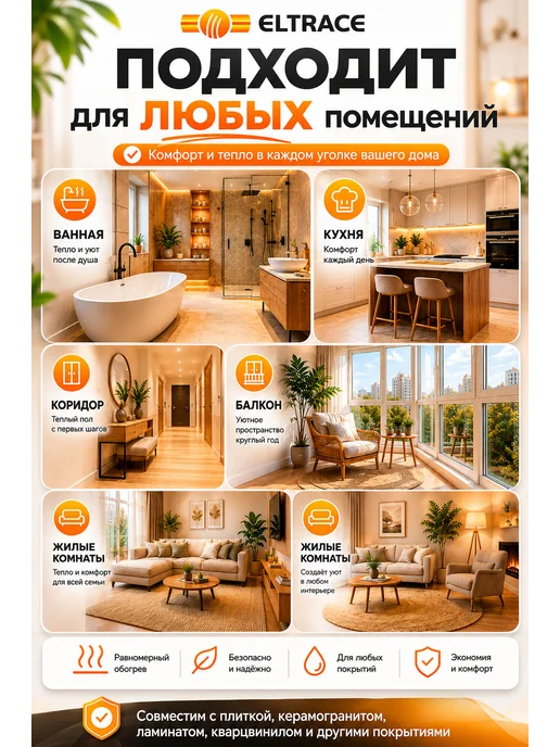 Eltrace Тёплый пол электрический под плитку 9м2 с терморегулятором, вариант, фото 7
