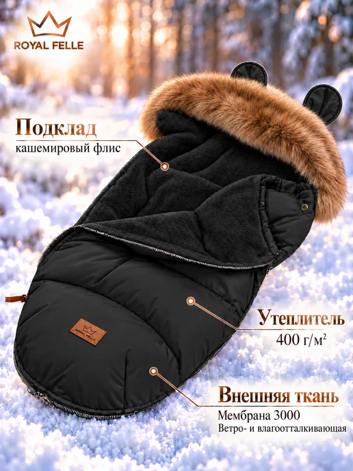 Royal Felle Конверт на выписку для новорождённых в коляску зима, черный, фото 3