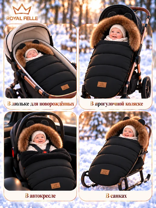 Royal Felle Конверт на выписку для новорождённых в коляску зима, черный, фото 4