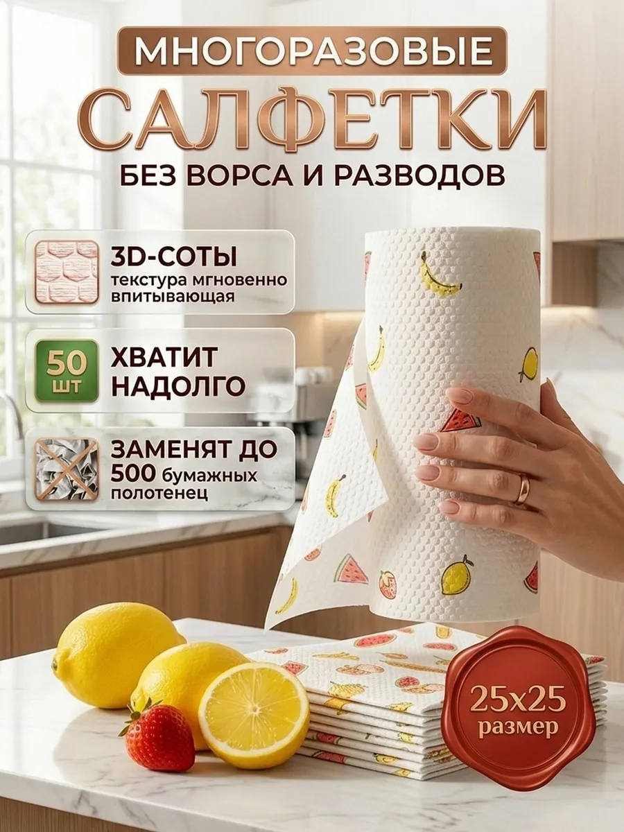 Салфетки для уборки безворсовые в рулоне 50шт для кухни