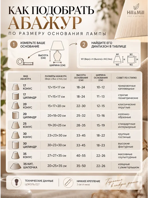 Hill & Mill Абажур для настольной лампы, "Белый", цилиндр 17 см, вариант, фото 6