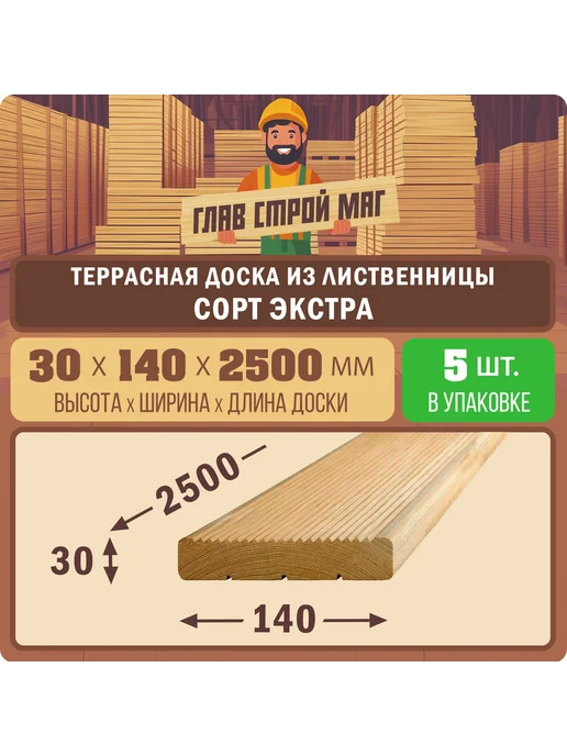 ГлавСтройМаркет 1 Террасная доска лиственница Вельвет экстра 40х140х1750 3шт, 30x140x2500, 5 шт