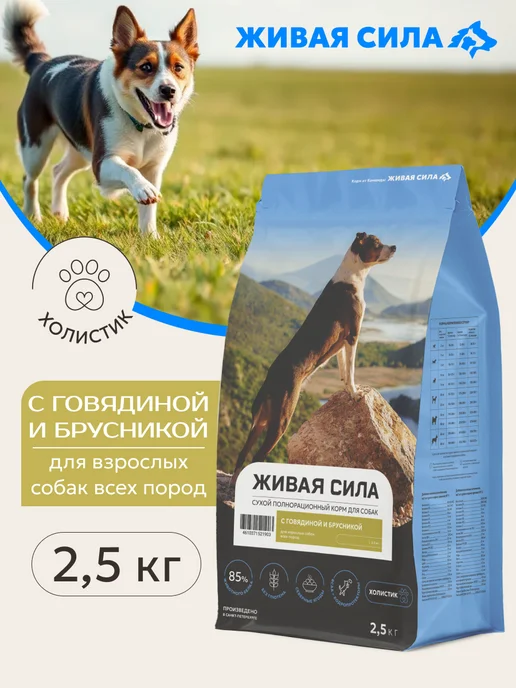 Сухой корм Живая сила Брусникой Гранула для собак, мелкие, говядина, 2,5 кг