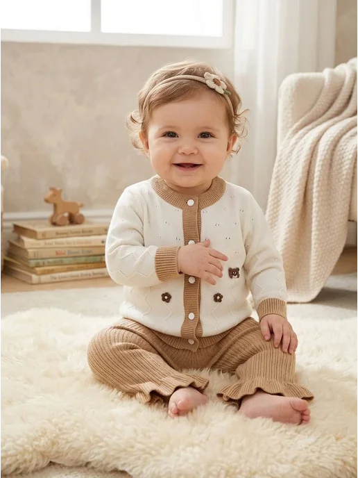 Segal kids Вязаный костюм для новорожденных малышей, бежевый, фото 5
