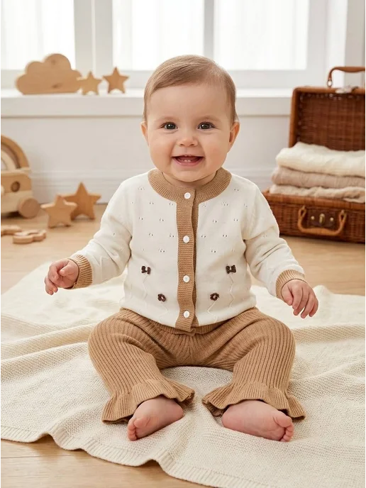 Segal kids Вязаный костюм для новорожденных малышей, бежевый, фото 6
