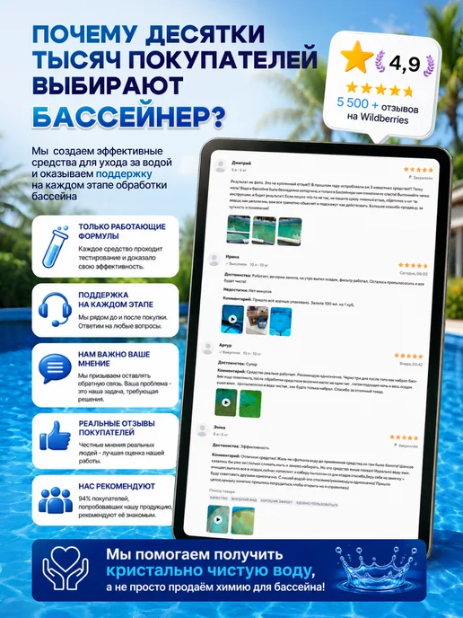 БАССЕЙНЕР Коагулянт жидкий средство для очистки бассейна 1 л, 1 л, фото 8