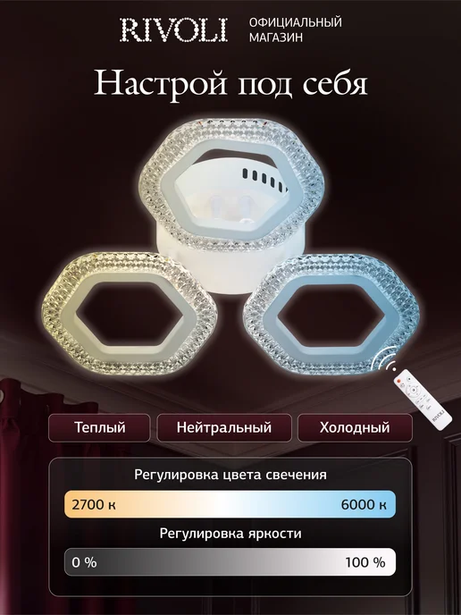 Rivoli Люстра потолочная светодиодная с пультом 36Вт 9м2, 36 Вт, фото 3