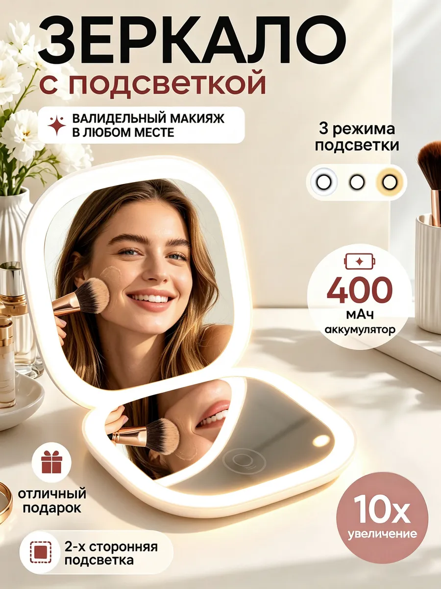 Карманное зеркало LED для идеального макияжа в путешествиях