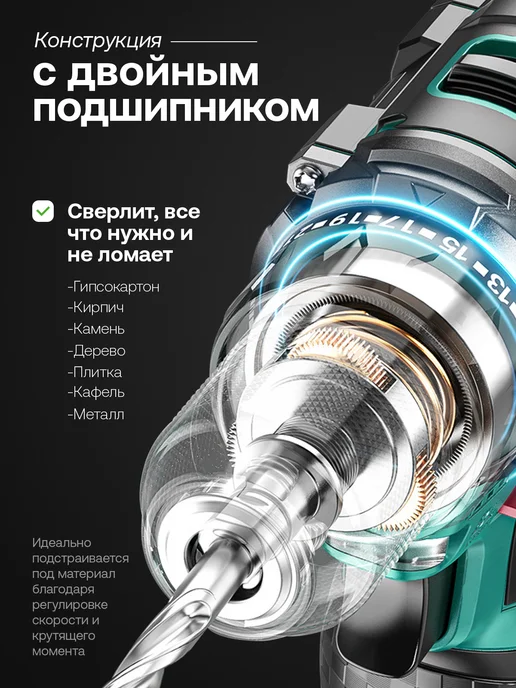 MechMeister Шуруповерт аккумуляторный бесщеточный для дома, дрель, голубой, фото 2