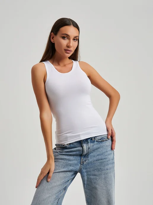 NIKARAQUA SHOP Майка летняя на лямках хлопок, белый, фото 5