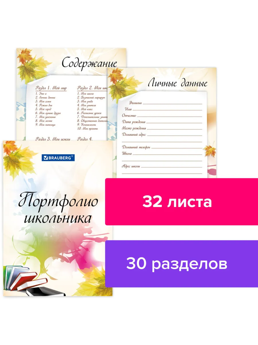 Листы вкладыши для портфолио школьника А4, 32 листа в папке