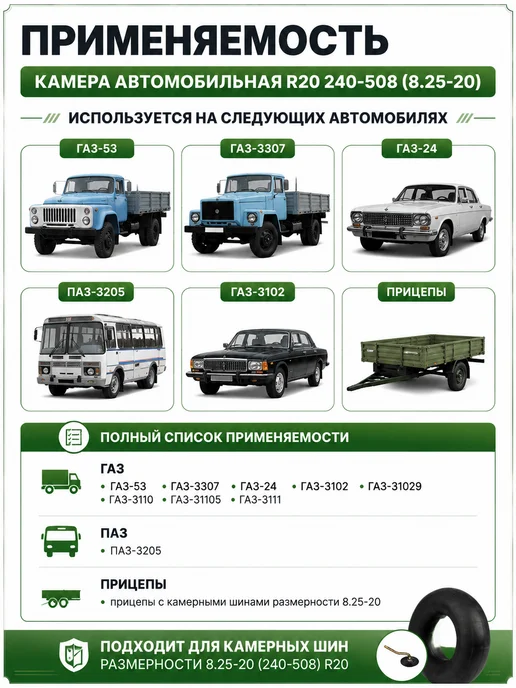 Камера автомобильная R20 для ГАЗ 53, 3307, ПАЗ 3205, вариант, фото 2