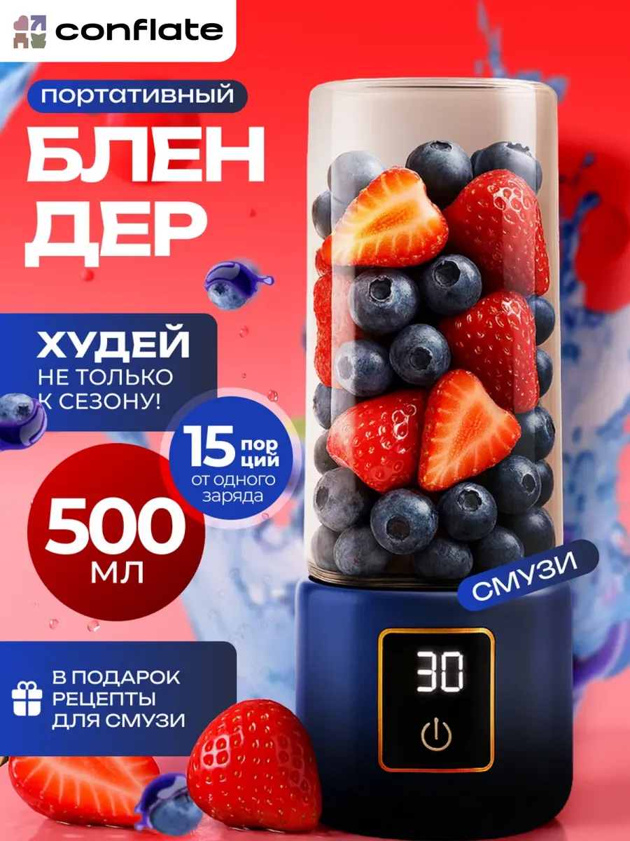 Портативный блендер для смузи и коктейлей с измельчителем