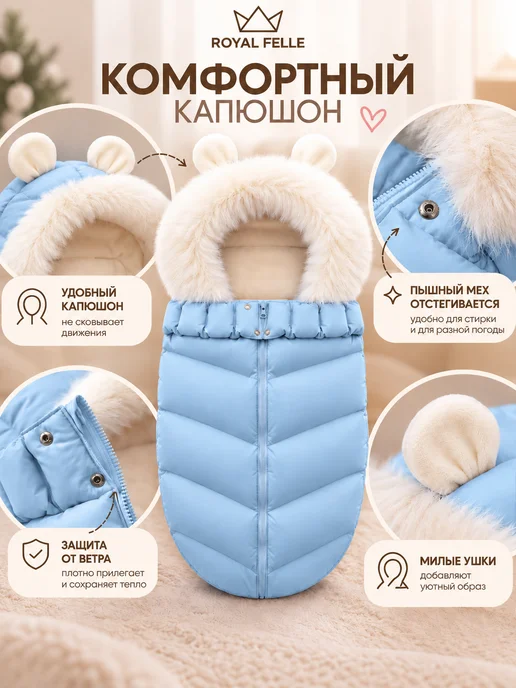 Royal Felle Конверт кокон в коляску и санки для малышей зимний, голубой, фото 3