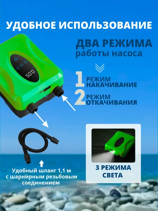Насос лодки пвх, сапборда аккумуляторный, зеленый, фото 7