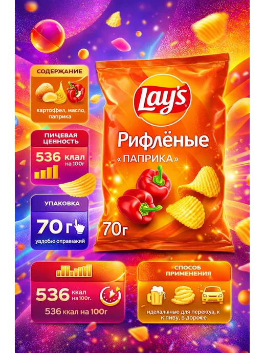 Lay's Чипсы картофельные Рифленые Паприка 140г, 70 г