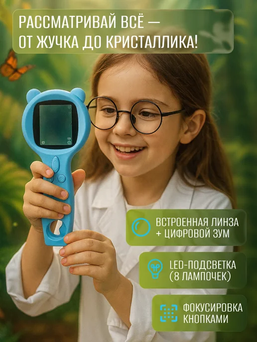 M&O Микроскоп детский карманный с камерой и подсветкой лупа, голубой, фото 2