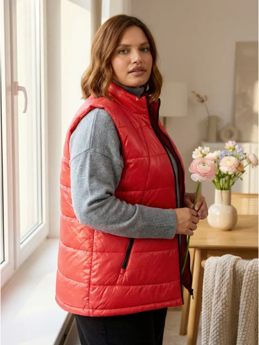 T&H Жилетка безрукавка утепленная без капюшона большие размеры, красный, фото 2