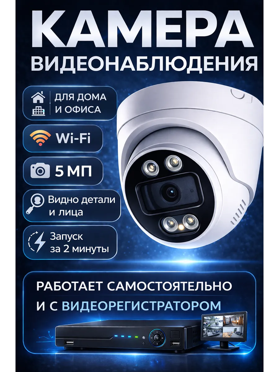 Купольная wifi камера видеонаблюдения для дома 5 мп