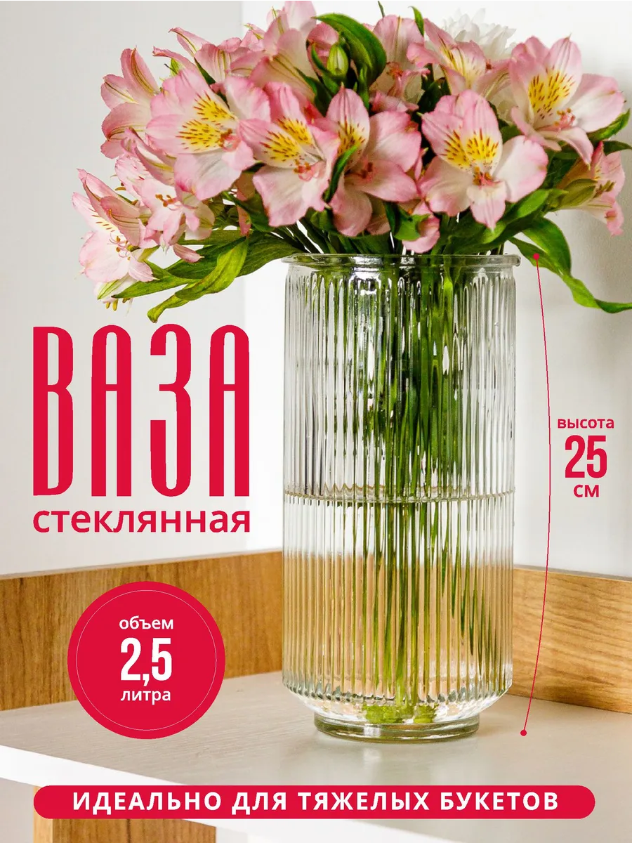 Ваза для цветов и сухоцветов стеклянная рифленая