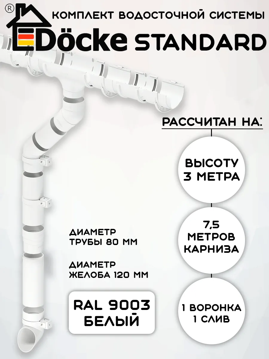 Комплект водосточной системы 7,5 м белый Docke Standard