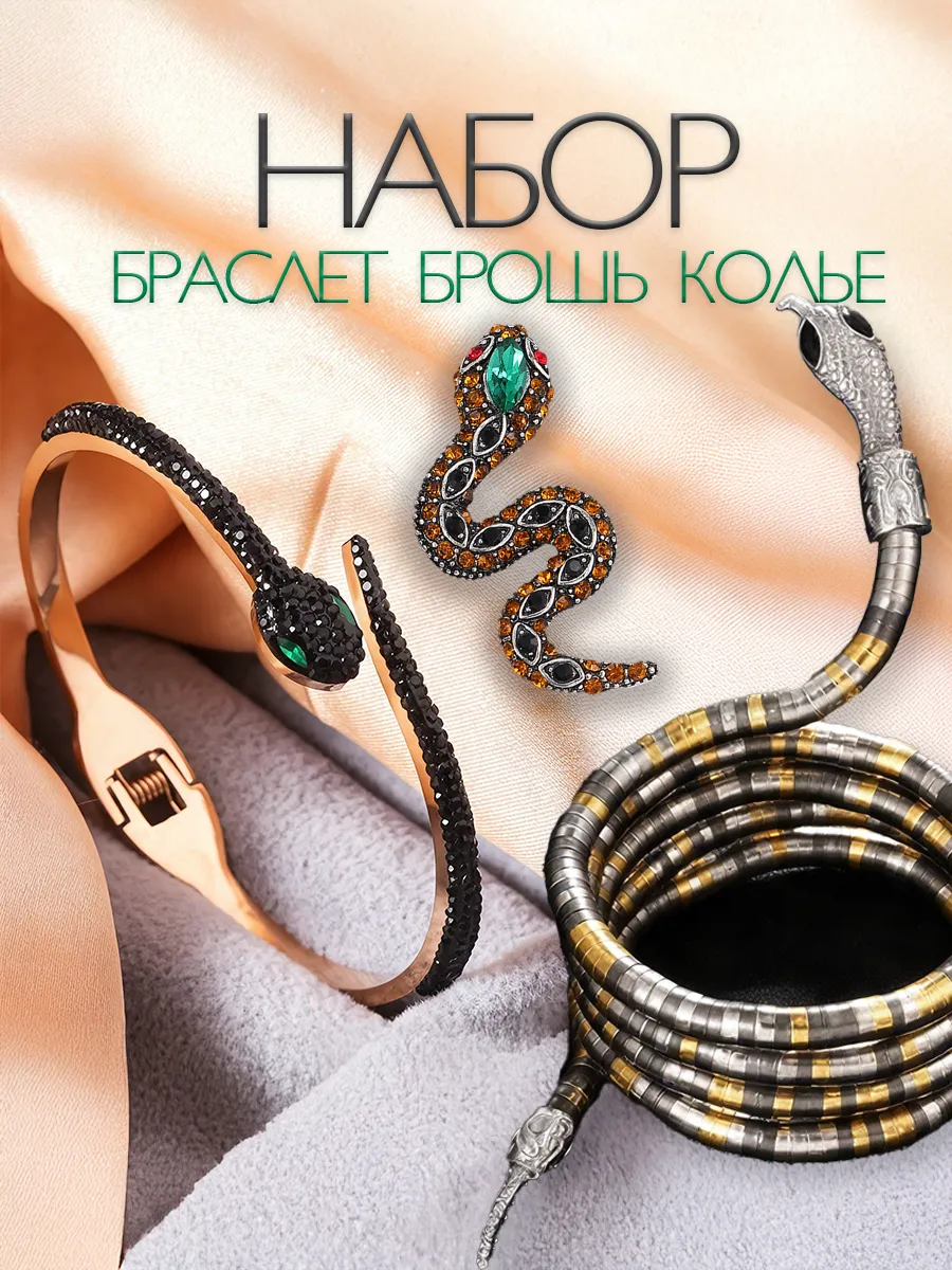 Набор брошь, браслет женский и колье гибкое Змея