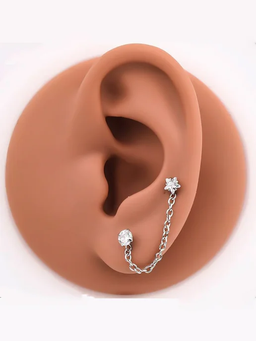 EdLuxOne Серьга‑пирсинг звезда с цепочкой, Лабрет с фианитом, серый, фото 4