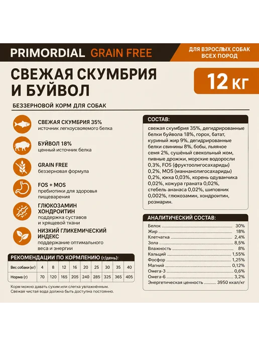 Сухой корм Primordial Буйвола Макрелью для собак, мясо, 12 кг, фото 8