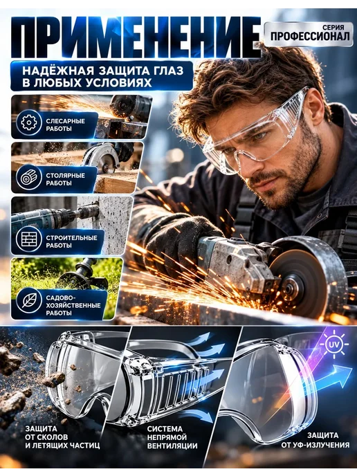 Очки защитные прозрачные строительные для работы, прозрачный, фото 3
