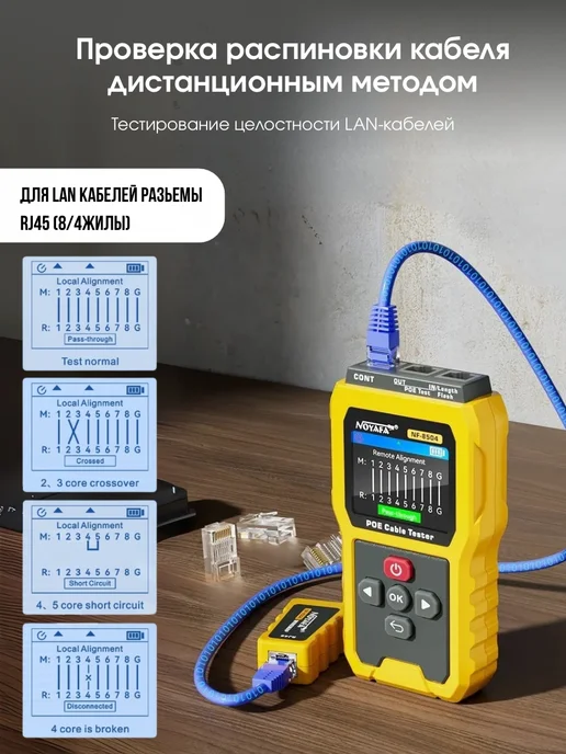 NOYAFA Тестер сетевых PoE кабелей NF-8504, желтый, фото 5