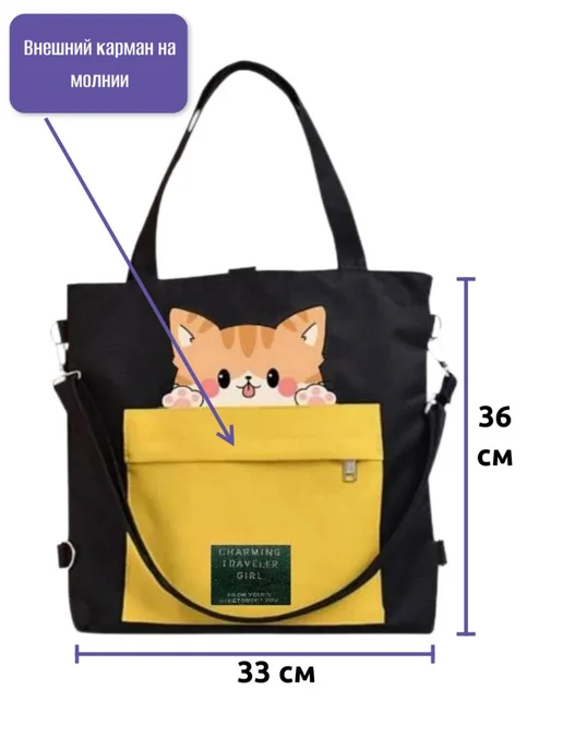 SHOPBAGS4U Сумка шоппер детский для девочки карман принт с котиком, черный, фото 3