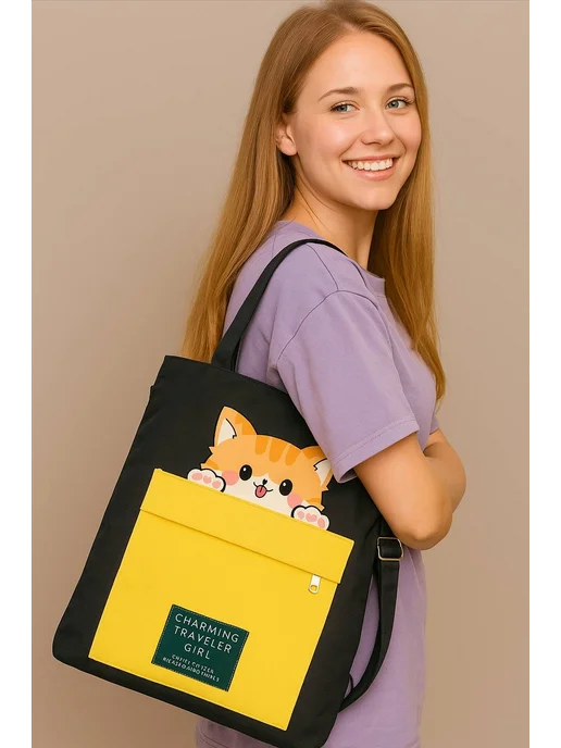 SHOPBAGS4U Сумка шоппер детский для девочки карман принт с котиком, черный, фото 4