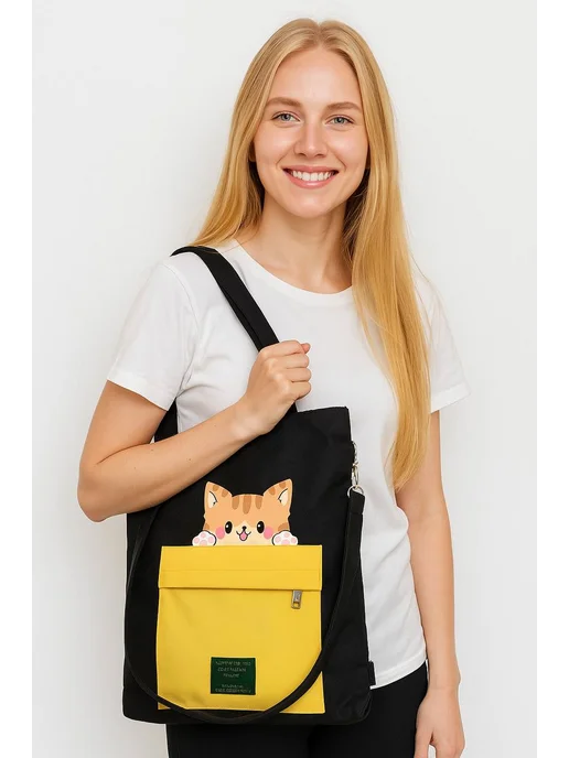 SHOPBAGS4U Сумка шоппер детский для девочки карман принт с котиком, черный, фото 7