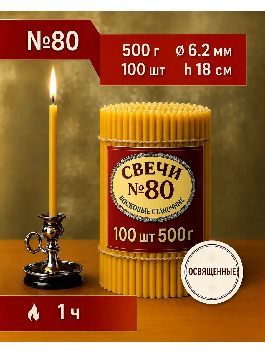 Свечи восковые церковные освященные № 80 100шт