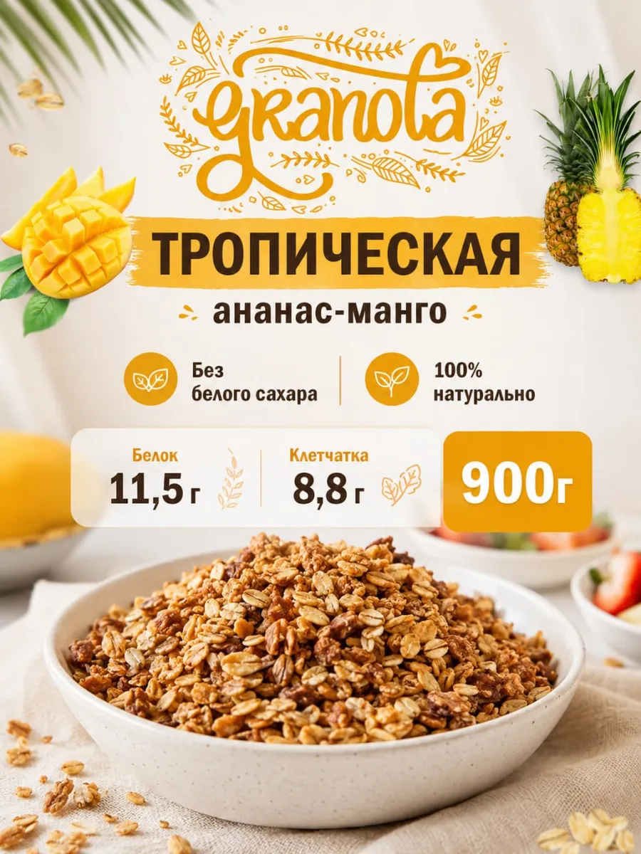 Гранола без сахара, 900 г тропическая Манго-Ананас