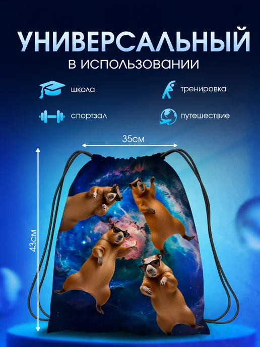 Мешок для обуви большой в школу Капибара, синий, фото 3